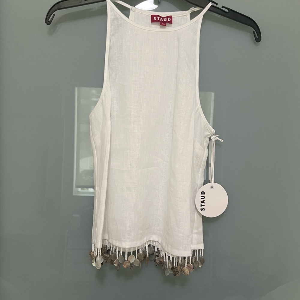 STAUD Alondra Linen Split Back Tank with Shell Fringe